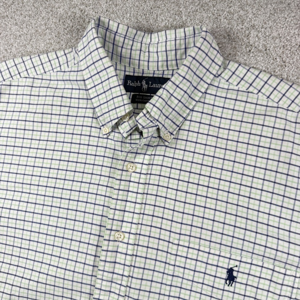 Ralph Lauren Big Shirt Mens Large Green Blue Plaid Short Sleeve Button Down